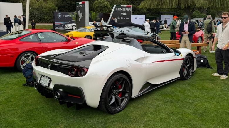 Rear 3/4 view of a white Ferrari J50