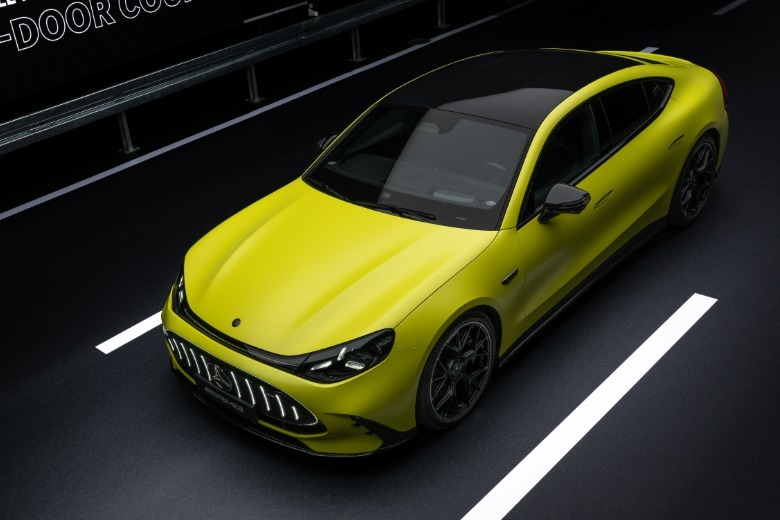 Top-down view of a yellow 2027 Mercedes-AMG GT 4-Door Coupe EV