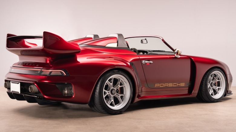 A rear three-quarters shot of the red Project Endgame in a beige room