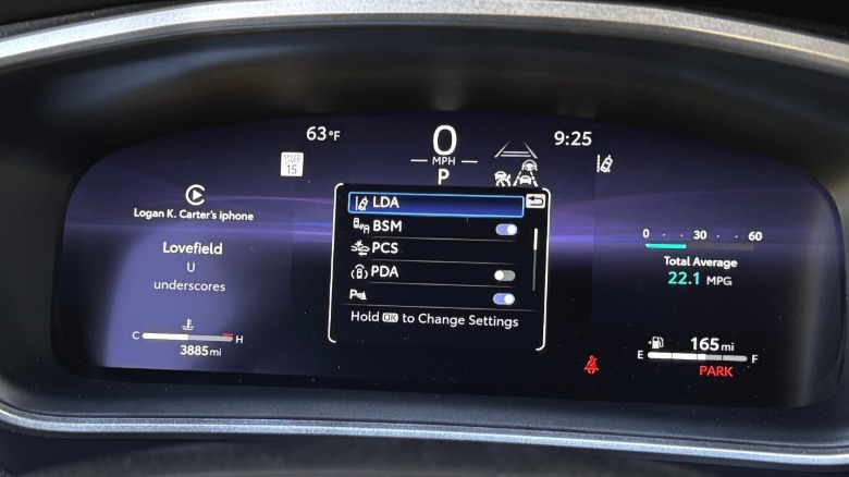 A close-up shot of the digital driver's display with the ADAS menu up showing how confusing it can be