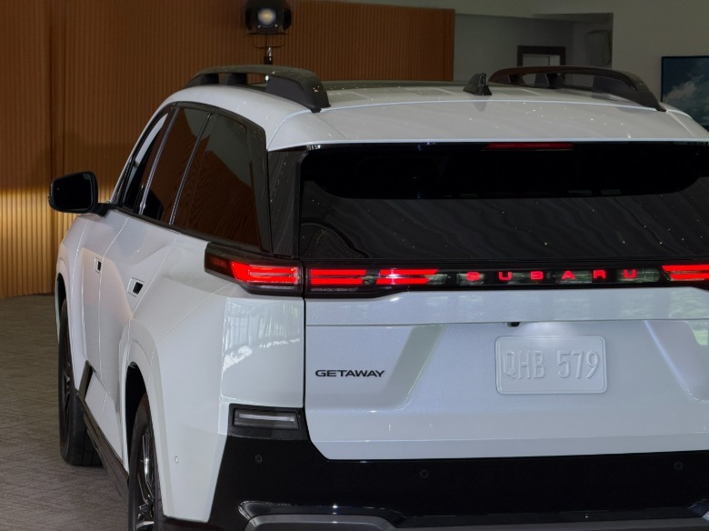 Rear end of a white 2027 Subaru Getaway