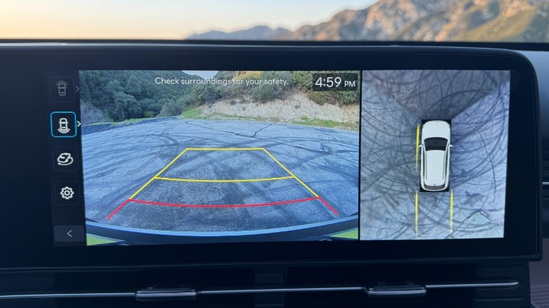 A close-up shot of the rear and surround-view camera in the Kona