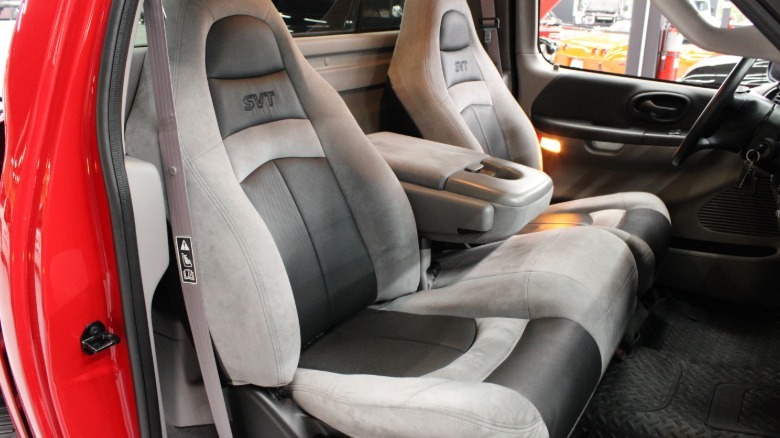 A look at the interior of the Lightning showing the tan bucket seats with SVT embossed in them