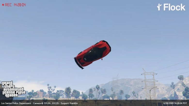 Screenshot from Grand Theft Auto V of a car in midair captured by a simulated Flock camera