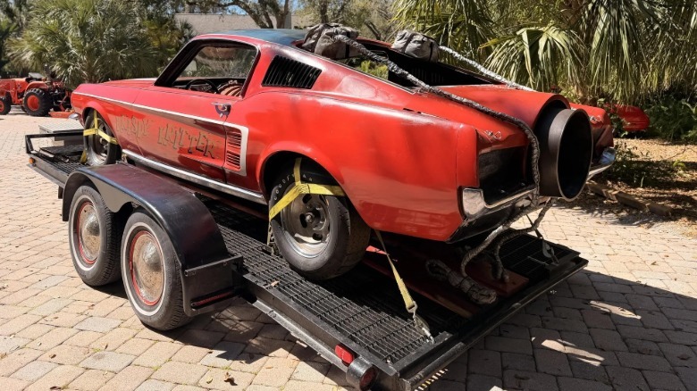 Rear 3/4 view of Krispy Kritter, a 1967 Ford Mustang shell wrapped around a Westinghouse J34 jet engine