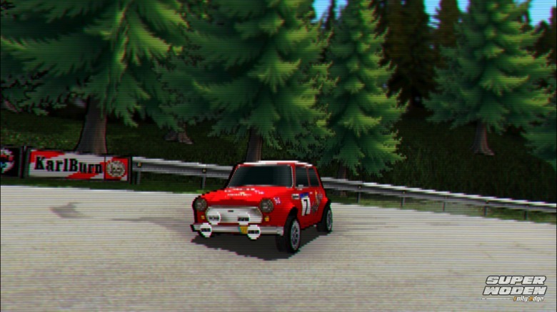 Promo Image of a Mini Cooper-looking hatchback on stage in Super Wooden Rally Edge