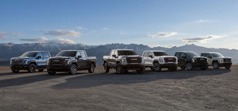 2027 GMC Sierras in a line
