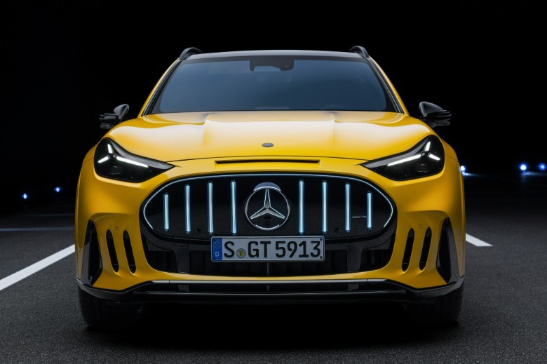 Front end of a yellow Mercedes-AMG GT SUV