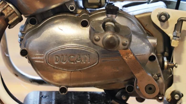 Close-up of the 1969 Ducati Mini Marcellino minibike engine case with Ducati embossed on it