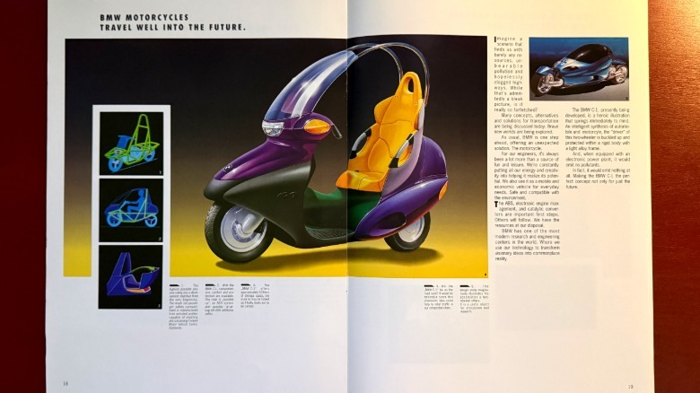 An image of the BMW booklet consisting of the original C1 cycle concept and the version before actual production of the C1 125 scooter in 1999.
