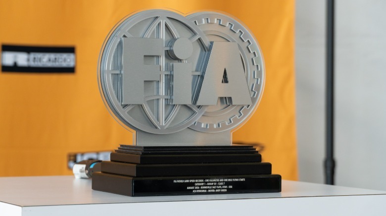 The FIA trophy for the JCB Hydromax's hydrogen-powered land speed record