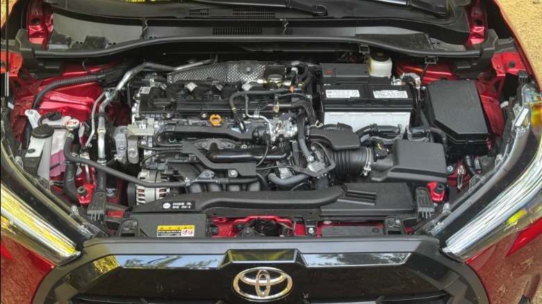 A look under the hood of the red gas-only Corolla Cross