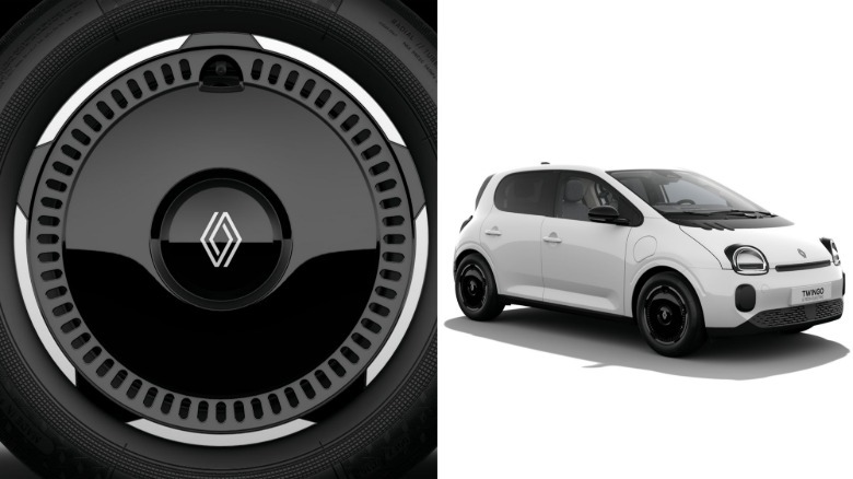 A white Renault Twingo with a close-up of the wheel design