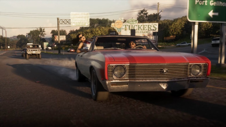 A red muscle car drifting in GTA6.