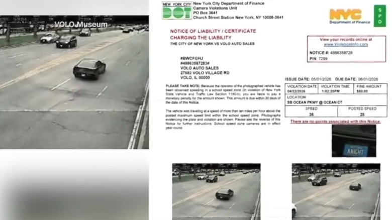 A notice of liability from a New York City speed camera for KITT replica