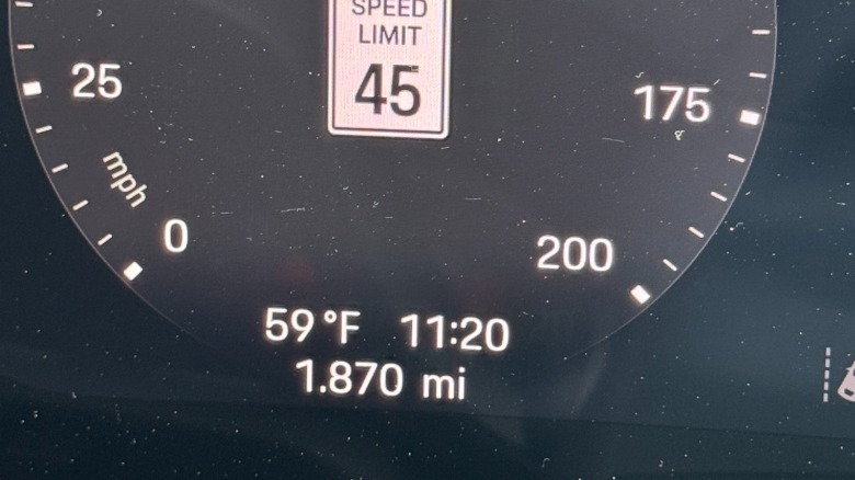 A close-up of the odometer in the Macan GTS Electric showing a reading of 1.870 miles