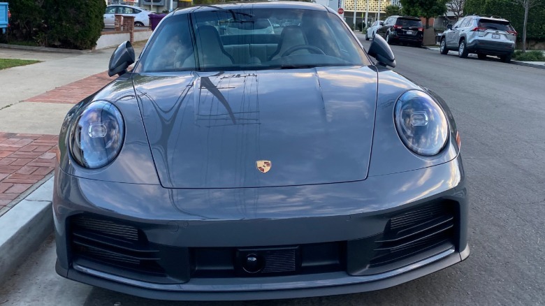 close up front view of the gray 911 Carrera