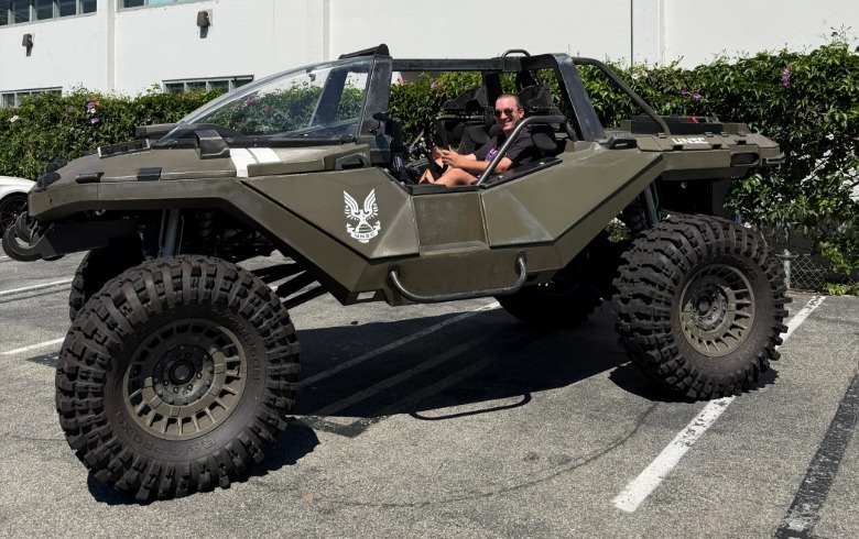 The author sitting in a real-life Halo Warthog