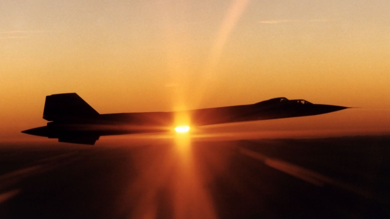 SR-71 Blackbird in flight during a sunset