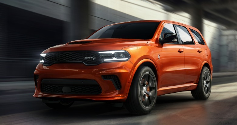 Front 3/4 view of an orange Dodge Durango SRT Hellcat