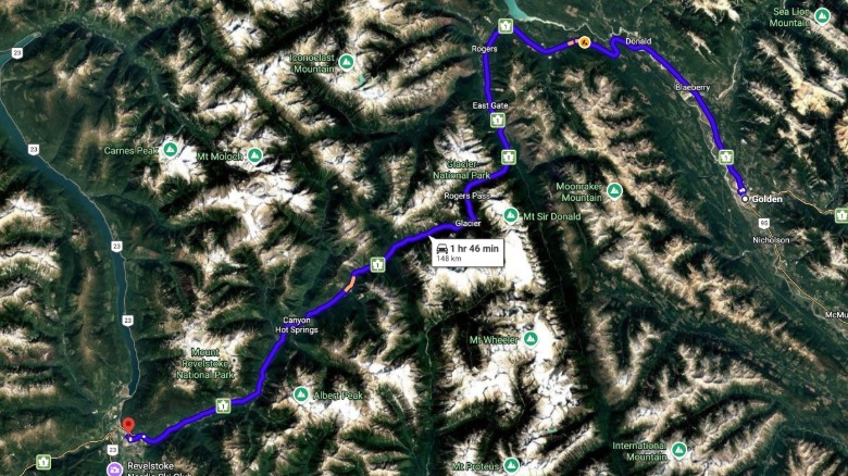 Google Map of Trans-Canada Highway 1 between Golden and Revelstoke