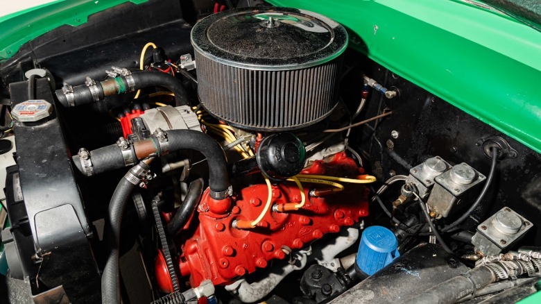 The flathead V8 engine of a 1950 Ford Standard Sedan Carrera Panamericana race car up for auction