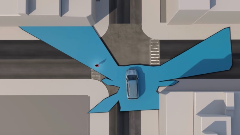 A simulation of vehicle blind spots at an intersection