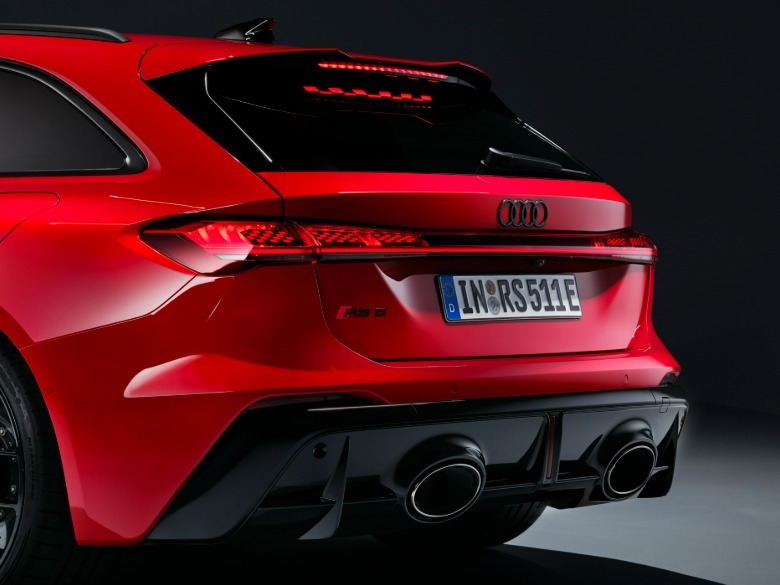 Rear end of a red Audi RS5 Avant