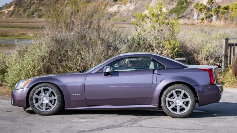 side view of a purple XLR Nieman Marcus Edition in front of plants