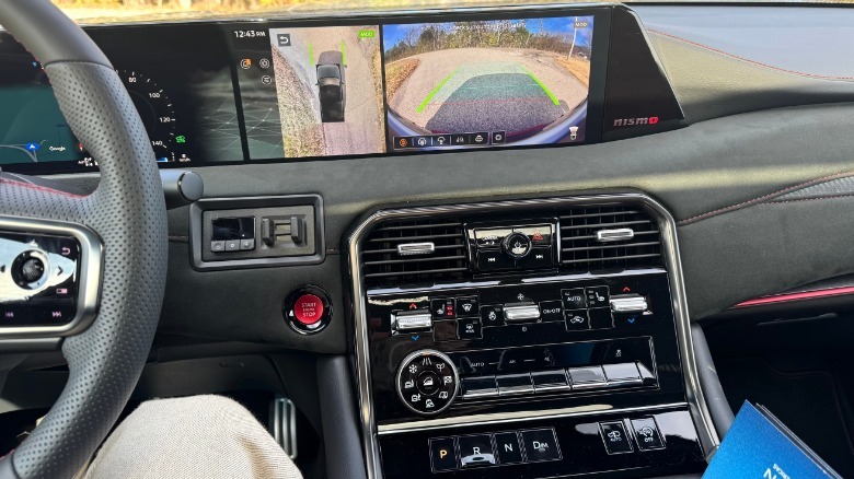 A close-up of the center console with the surround view cameras up on the center display