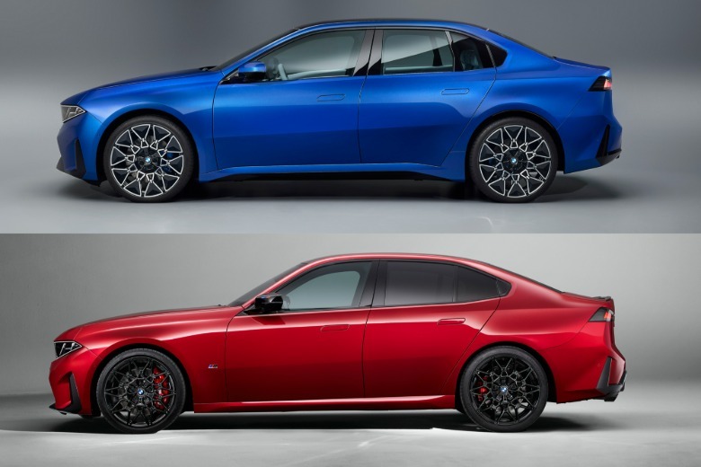 Side view of a blue BMW i3 and a red BMW M350