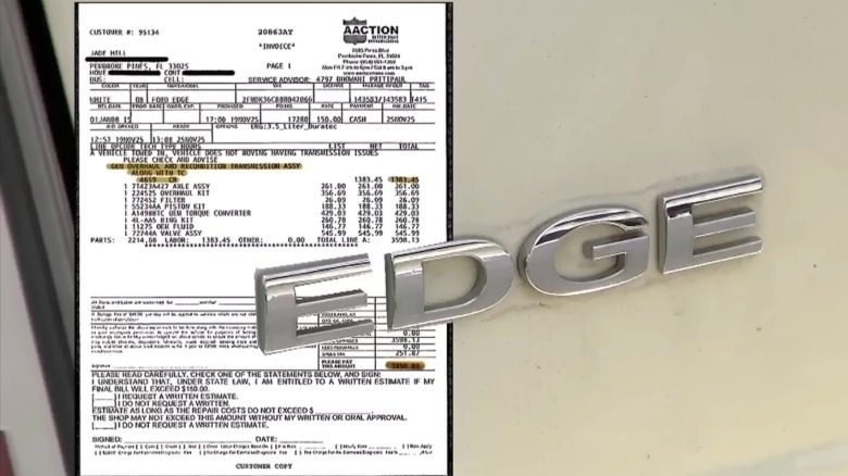 Jade Hill's service invoice from AAction Better Built Transmissions for $3