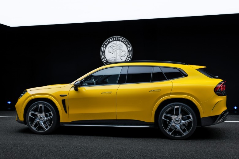 Side view of a yellow Mercedes-AMG GT SUV
