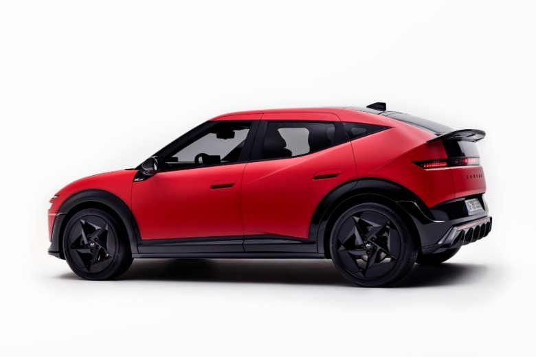 Rear 3/4 view of a red Hyundai Ioniq 3