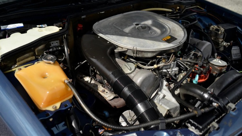 Euro-spec alloy M117 5.0-liter V8 under the hood of a 1983 Mercedes-Benz 500SEL pickup truck conversion