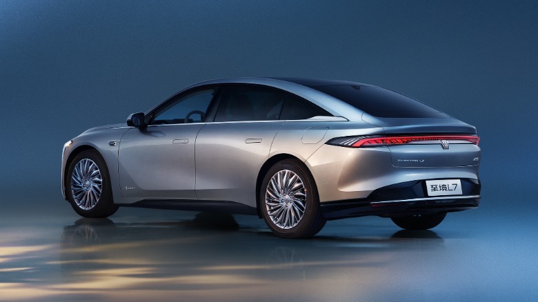 Rear 3/4 view of a silver Buick Electra L7 sedan