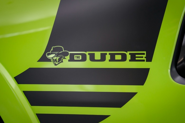 The Dude sticker on a lime green Ram