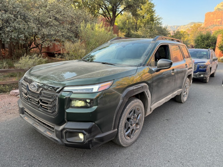 Green 2026 Subaru Outback front 3/4 view