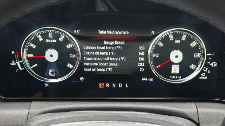 A close-up of the Mustang EcoBoost's gauge cluster with the classic Mustang gauges