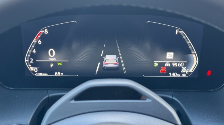 A close-up of the driver assistance view of the digital gauges